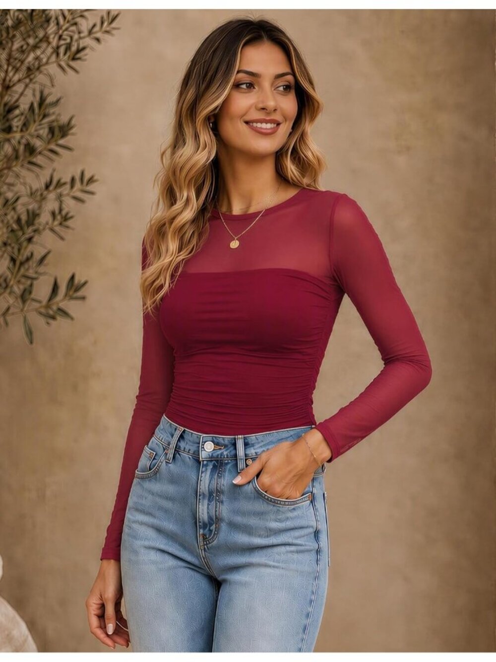 Women's Red Sheer Mesh Round Neck Long Sleeve Plain Hem Slim Dressy Blouse Top